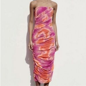 NEW Zara Print Dress with Tulle Pink Orange Strapless Size Large NWT